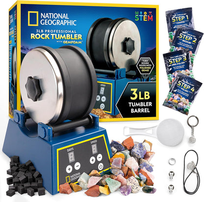 National Geographic Rock Tumbler Kit - 3 Lb. Extra Large Capacity Barrel with 3-Speed Motor & 9-Day Timer, Kit Includes Rocks for Tumbling and Rock Polisher Grit, Rock Tumbler for Adults and Kids