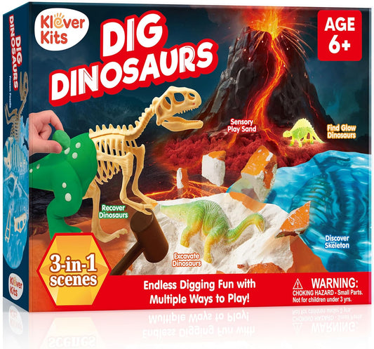 JOVA Klever Kits 3-in-1 Dinosaur Fossil Digging Kit STEM Learning Toys with Glow in The Dark Dinosaurs and Sensory Play Sand, DIY Your Own Dinosaur with 5 Color Clay, Gift for Kids Aged 6+