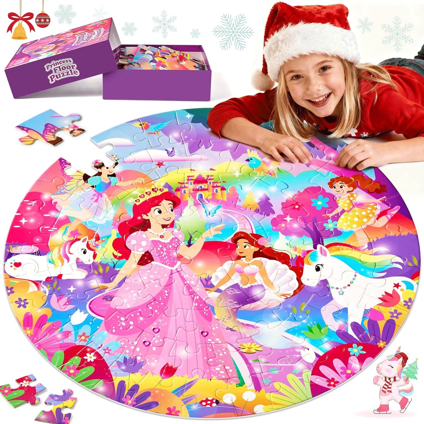 Unicorn Toys Gifts for Girls Age 4-6, 70 Pcs Jumbo Floor Puzzle for Kids, Fun Educational Preschool Learning Toy for Toddlers 3-5, Easter Basket Stuffers Birthday Gifts for Kids (Pink)
