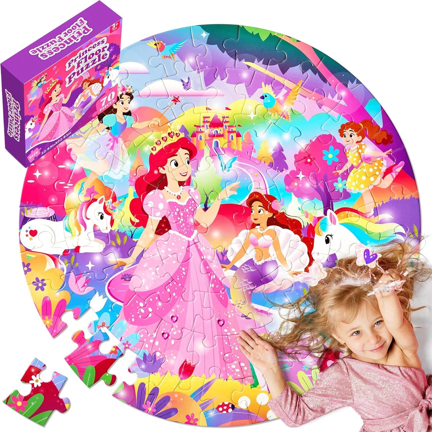 Unicorn Toys Gifts for Girls Age 4-6, 70 Pcs Jumbo Floor Puzzle for Kids, Fun Educational Preschool Learning Toy for Toddlers 3-5, Easter Basket Stuffers Birthday Gifts for Kids (Pink)