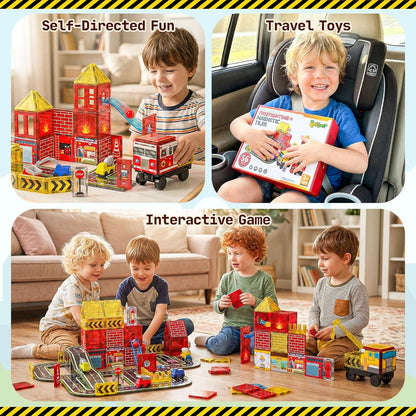 Magnetic Tiles for Kids Ages 4-8, Magnetic Blocks with Construction, Fire Fighting, Road, Engineering, Crane and Truck Themes, Magnet Toys Classroom Travel STEM Birthday Gifts for Boys