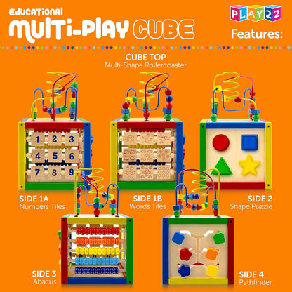Play22 Wooden Activity Cube for Baby - 6 in-1 Baby Activity Play Cube with Bead Maze, Shape Sorter, Abacus Counting Beads, Counting Numbers, Sliding Shapes, Removable Bead Maze, 8Pcs Stacking Cups