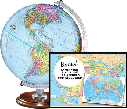 Replogle Student - Educational Classic World globe, Blue Ocean, Raised Relief feature, including a bonus map, made in USA, 12"/30cm diameter
