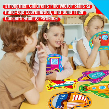 SpriteGru 9 Pieces Kids Lacing Cards, Double Sided Sewing Cards in 9 Vehicle Cards with 9 Colorful Laces, Imagination Development Lacing Toys Games for Children Educational and Learning Activity