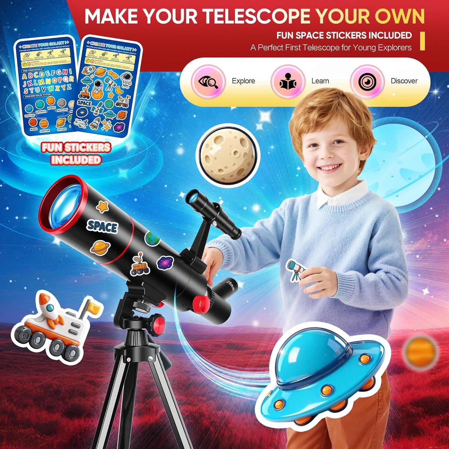 HETEKAN Telescope for Kids & Adults High Powered, 80mm Aperture 500mm Astronomy Telescope for Beginners (20X-150X), Portable Refractor Telescope with Tripod, Phone Adapter, Backpack & Stickers (Black)