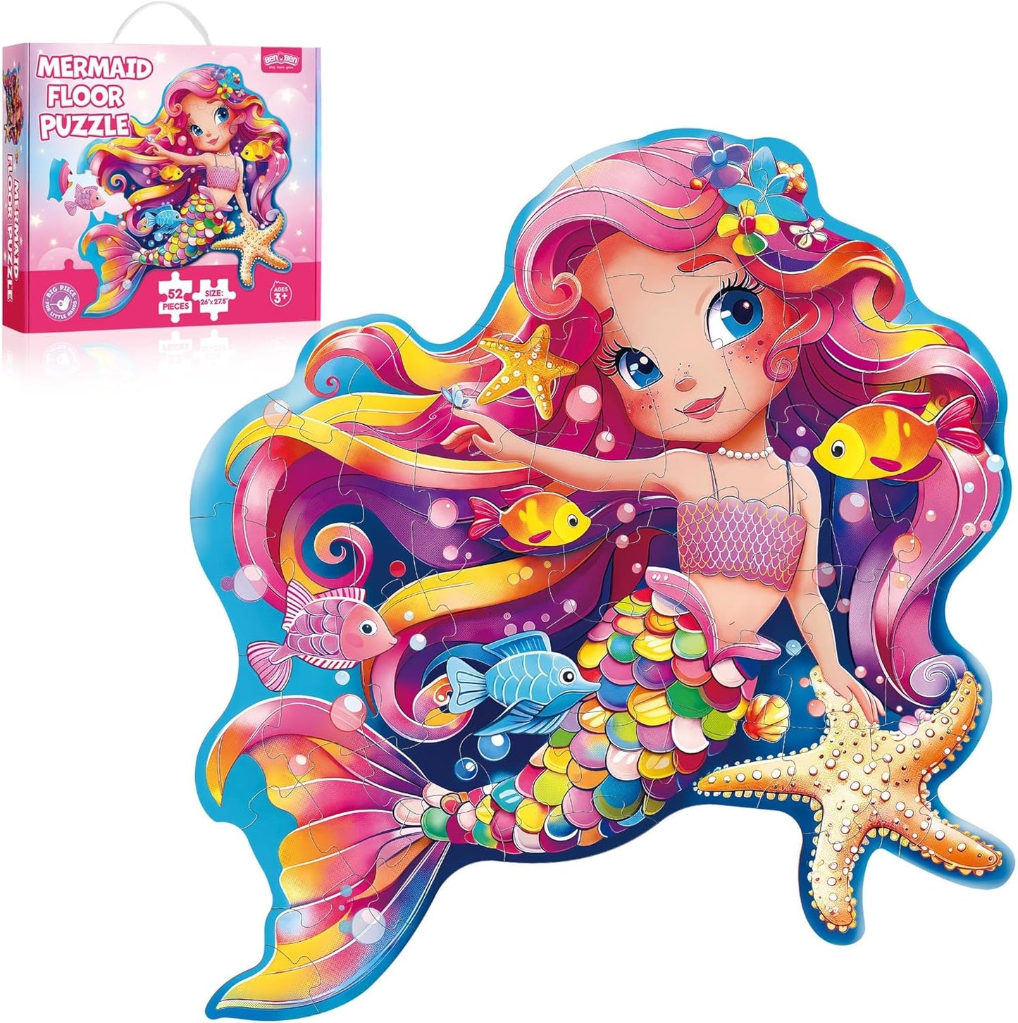 BenBen Floor Puzzles for Kids, 52 Piece Jumbo Mermaid Puzzle for Kids Ages 4-6, Large Jigsaw Puzzle for Toddlers 3-5, Mermaid Toys Birthday Gift for Girls Boys