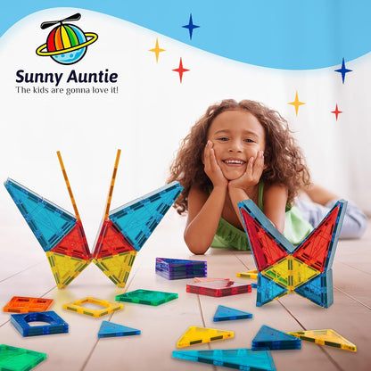 SUNNY AUNTIE Magnetic Tiles 125 PCS XL Set with Storage Bag – Magnetic Building Tiles for Kids Ages 3-8, STEM Magnet Construction Toy for Boys & Girls