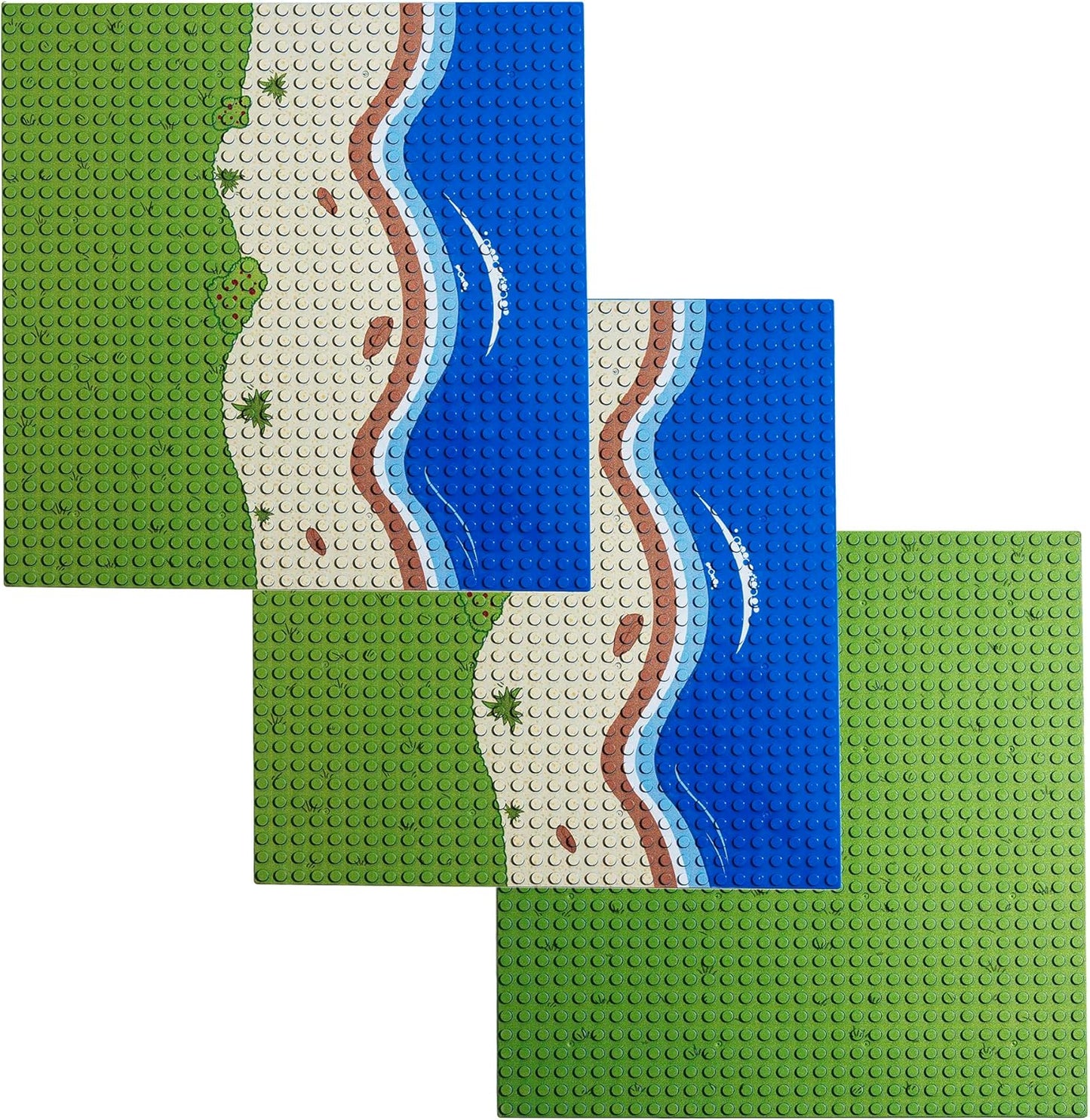 Apostrophe Games Island Building Block Base Plates Compatible with All Major Brands - 3 Pack Beach - 2 Straight & 1 Center Grass add-on to Expand Your Island - 10-1/16" x 10-1/16"Inches