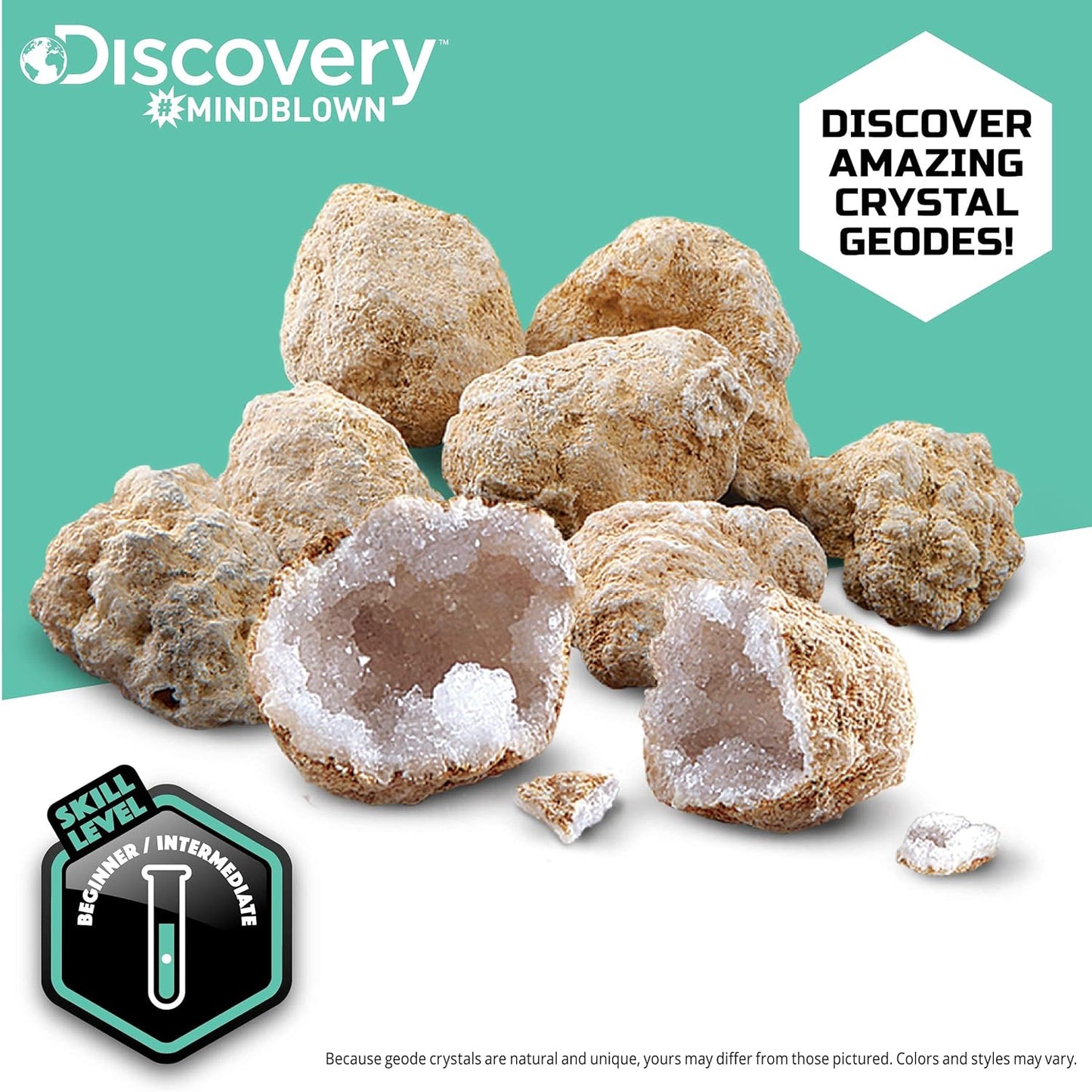 Discovery™ Mystery Crystal Geode Kit – Crack Open 10 Real Quartz Geodes| Includes Goggles, Magnifying Glass & Display Stands| Educational STEM Geology Toy for Kids| Science Activity Set Gift| Ages 6+