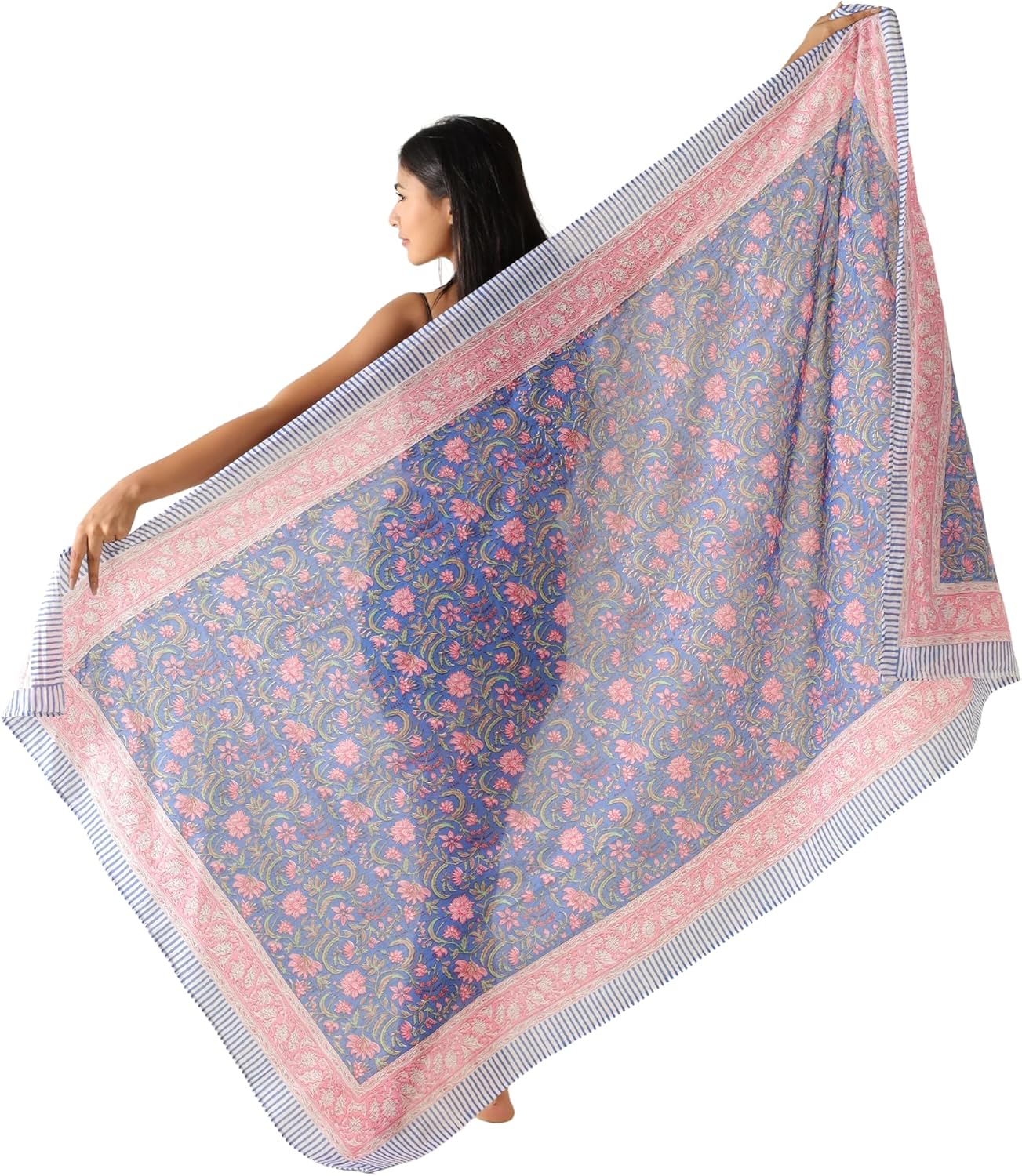 100% Cotton Sarong Cover Up for Women Indian Block Print Beach Wrap Skirt Long Boho Swimsuit Bikini Pareo (73” x 43”)