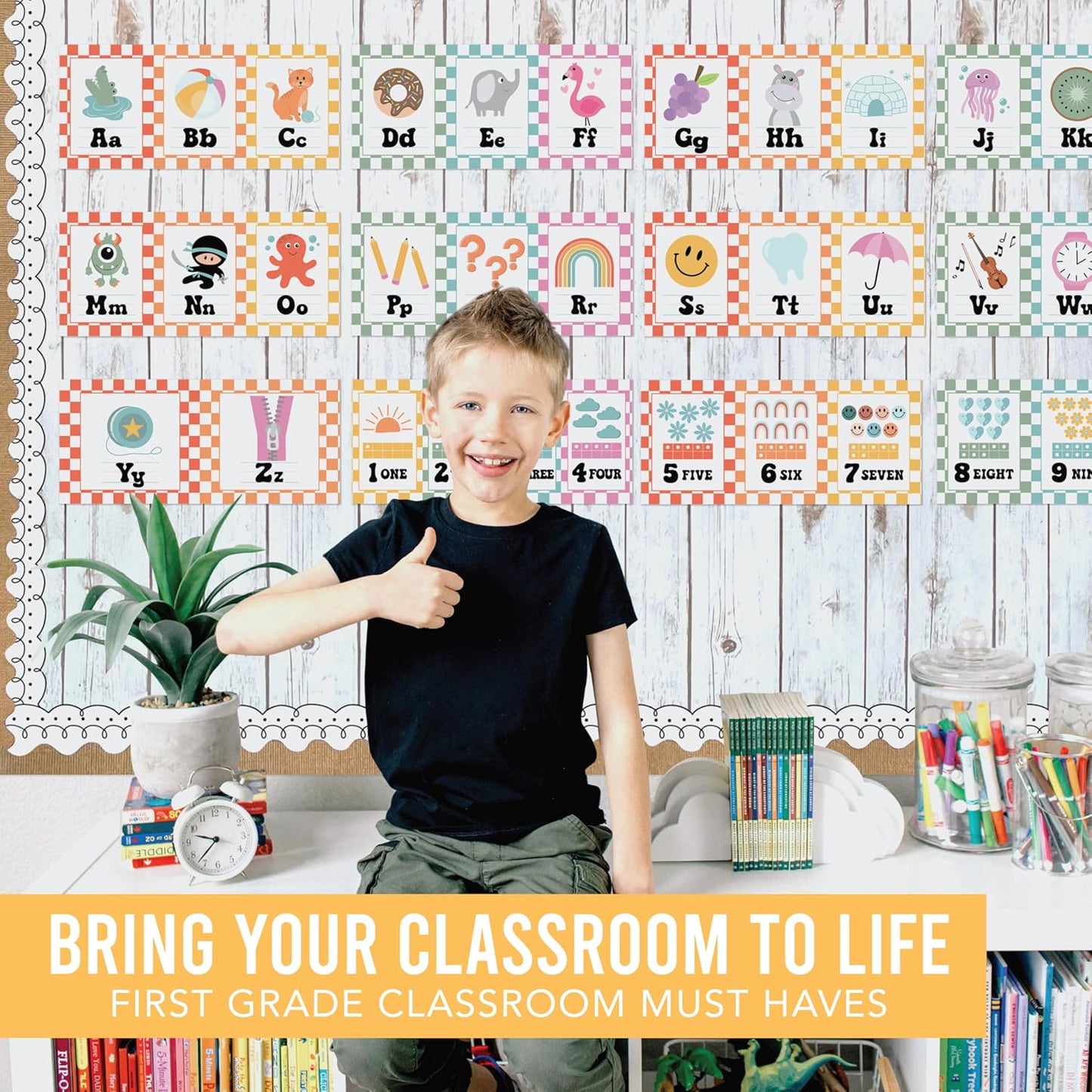 Hadley Designs Alphabet for Classroom Wall Decor - ABC Posters for Classroom Wall Chart Preschool & Kindergarten, ABC Letters & Number Line Elementary, Alphabet Cards, Varsity Letter Classroom Decor