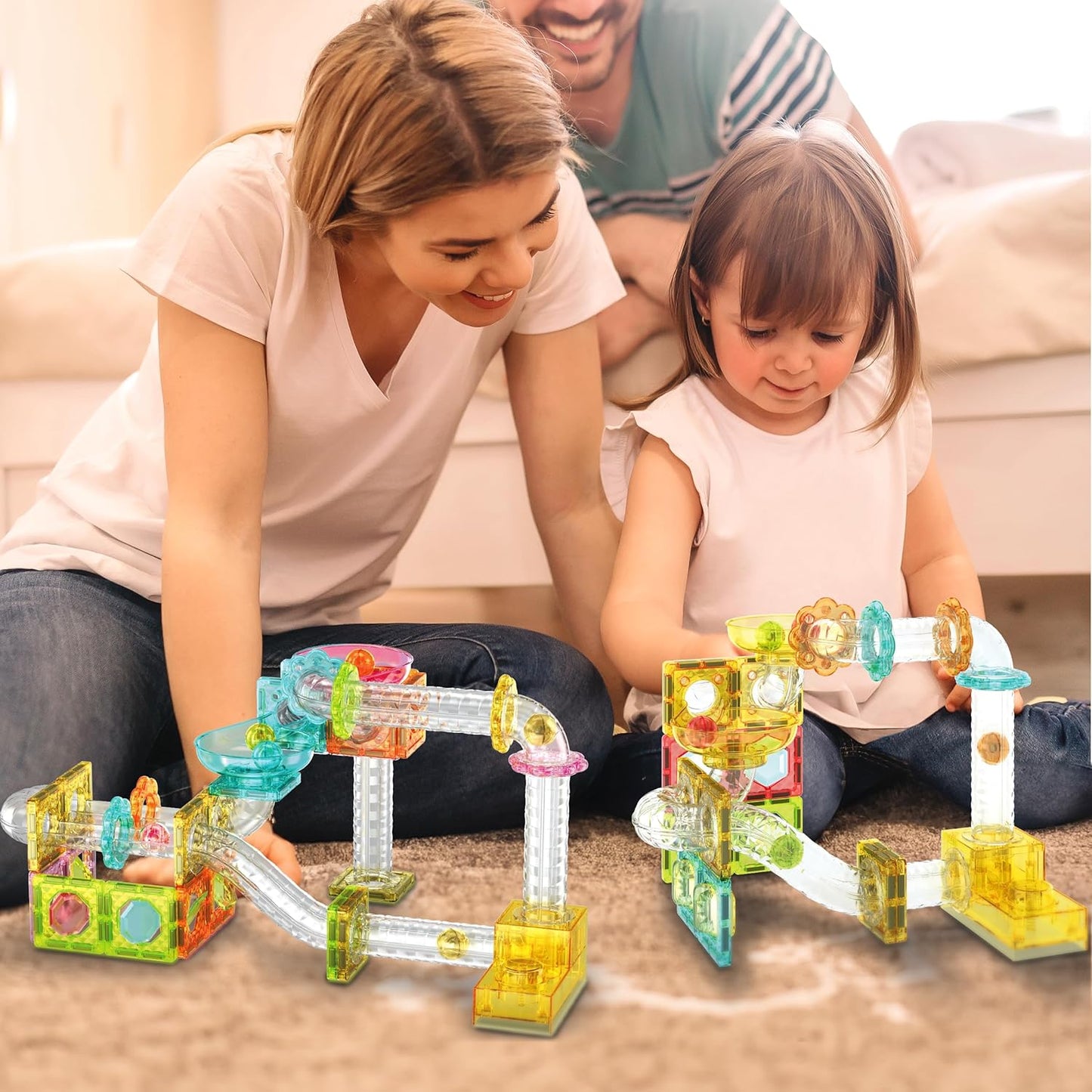 PicassoTiles Marble Run 60 Piece Race Track Magnetic Tiles Magnet Building Block Educational Construction Toy Set Playset STEM Learning Kit Child Brain Development HandEye Coordination Training PTG60