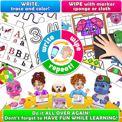 Curious 2 Learn Montessori Busy Book for Toddlers Ages 3-5 – Preassembled Preschool Learning Binder with 28 Activities, Travel Bag & 8 Markers – Educational Toy & Gift for 3 Year Old Boys (Blue)