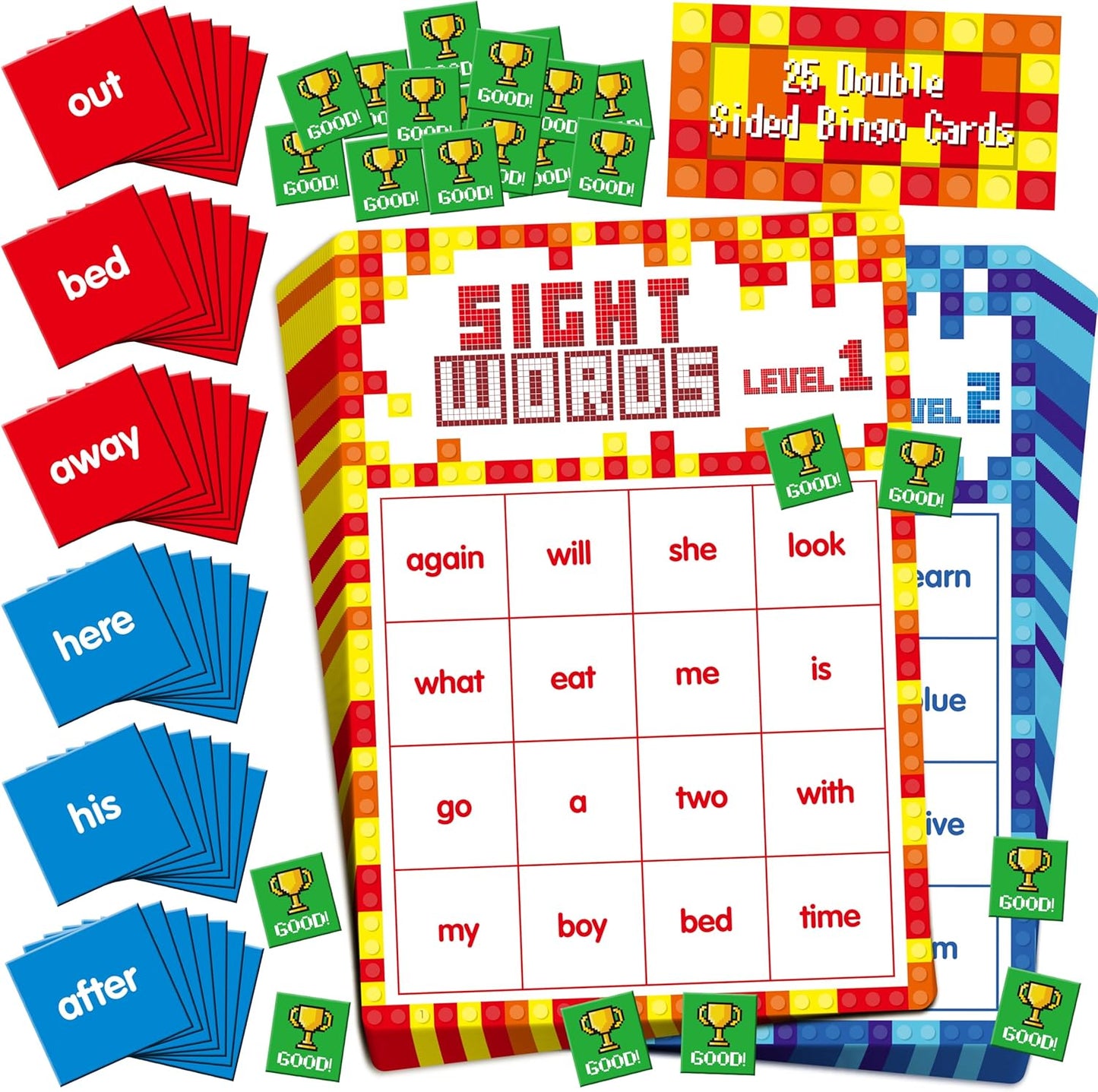 Sight Word Bingo Game, 144 Sight Words Learn to Read Level 1 & Level 2 Bingo Board Game Dolch's & Fry's Words Lists for Kindergarten and Preschool, Grade 1st, 2nd, Kids 4-8 (Up to 25 Players)