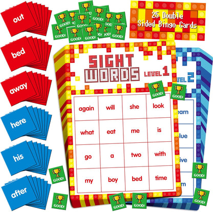 Sight Word Bingo Game, 144 Sight Words Learn to Read Level 1 & Level 2 Bingo Board Game Dolch's & Fry's Words Lists for Kindergarten and Preschool, Grade 1st, 2nd, Kids 4-8 (Up to 25 Players)
