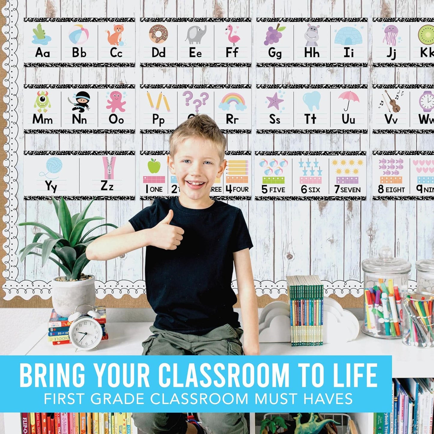 Hadley Designs Alphabet for Classroom Wall Decor - ABC Posters for Classroom Wall Chart Preschool & Kindergarten, ABC Letters & Number Line Elementary, Alphabet Cards, Varsity Letter Classroom Decor