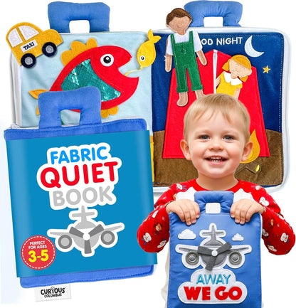 Curious Columbus Quiet Book Fabric Busy Book - Airplane Travel Toys for Kids - Montessori Toy Preschool Activity Books - Fun and Educational Fabric Book