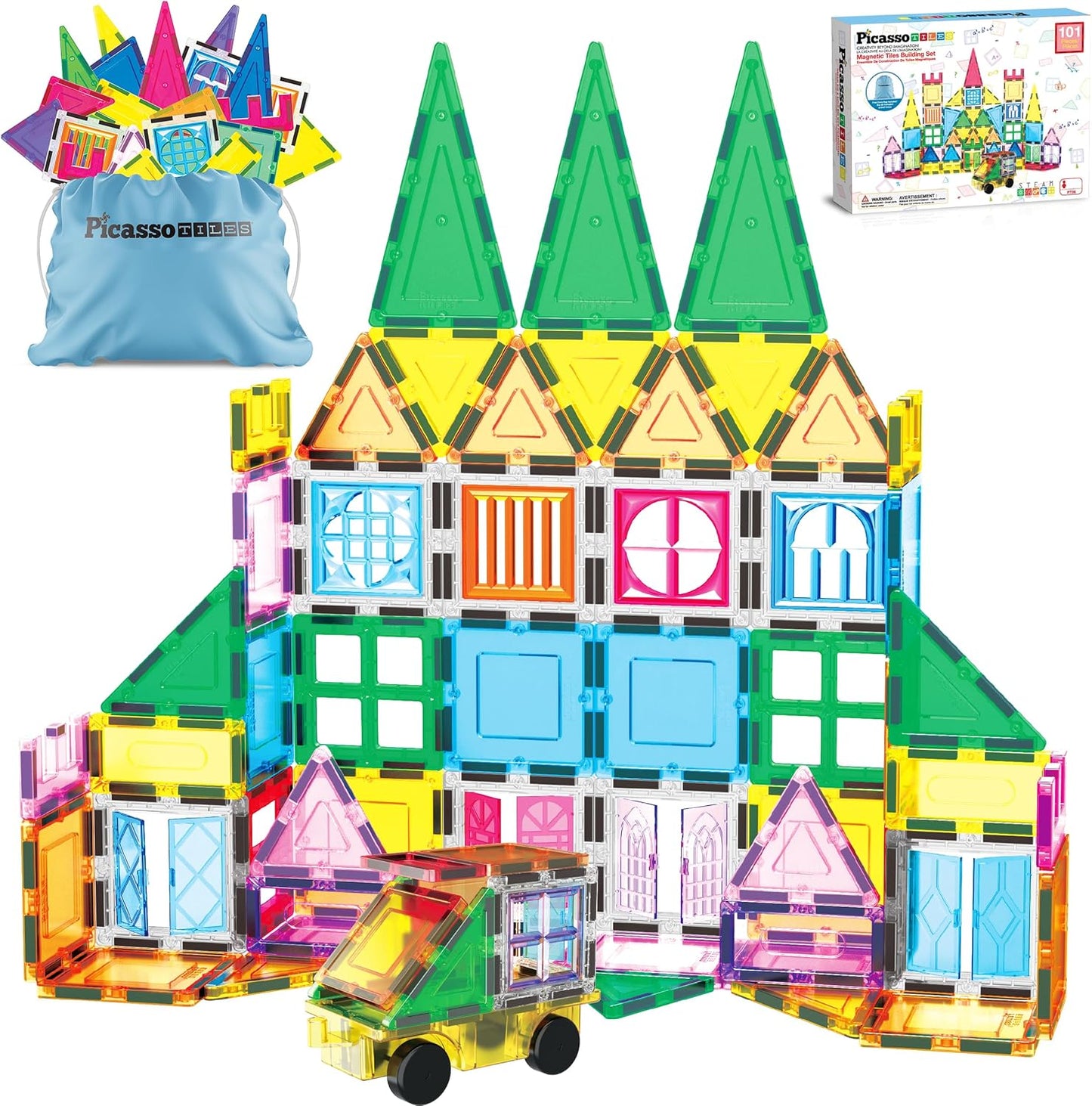 PicassoTiles 101 Piece Magnetic Tile Building Blocks Set with Durable Storage Bag STEM Educational Construction Magnet Toy Kit for Toddlers Preschool Kids Boys Girls Age 3 Plus Indoor Learning PT06