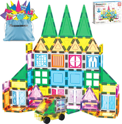 PicassoTiles 101 Piece Magnetic Tile Building Blocks Set with Durable Storage Bag STEM Educational Construction Magnet Toy Kit for Toddlers Preschool Kids Boys Girls Age 3 Plus Indoor Learning PT06