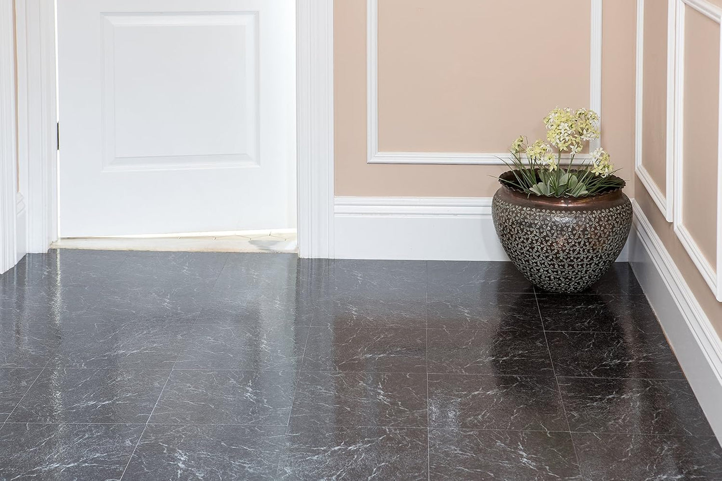 Nexus Self Adhesive 12-Inch Vinyl Floor Tiles, 20 Tiles - 12" x 12", Black w/White Vein Marble Pattern - Peel & Stick, DIY Flooring for Kitchen, Dining Room, Bedrooms & Bathrooms by Achim Home Decor