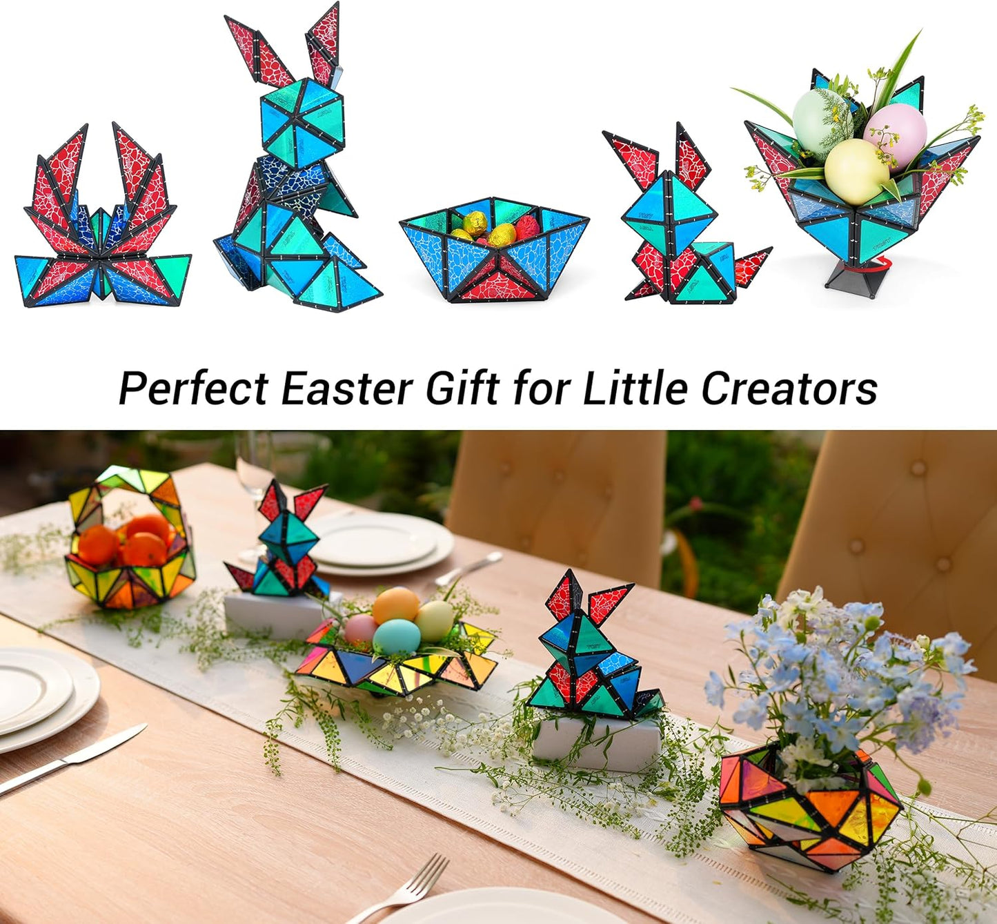 TOSY Magnet Pyramid Stone - 1 Cube Transforms into 1 Billion Shapes (Bunny, Egg Basket, Flowers, Heart), Easter Birthday Gift, 12 pcs, 243 Magnets, Holographic Design, Puzzle/STEM Toy