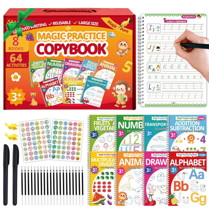 Magic Grooved Writing Practice for Kids 3-8,Grooved Handwriting Practice for Kids,8 Reusable Grooved Writing Books for Preschoolers Homeschooling, Letter, Number Tracing,Math,Drawing Activities