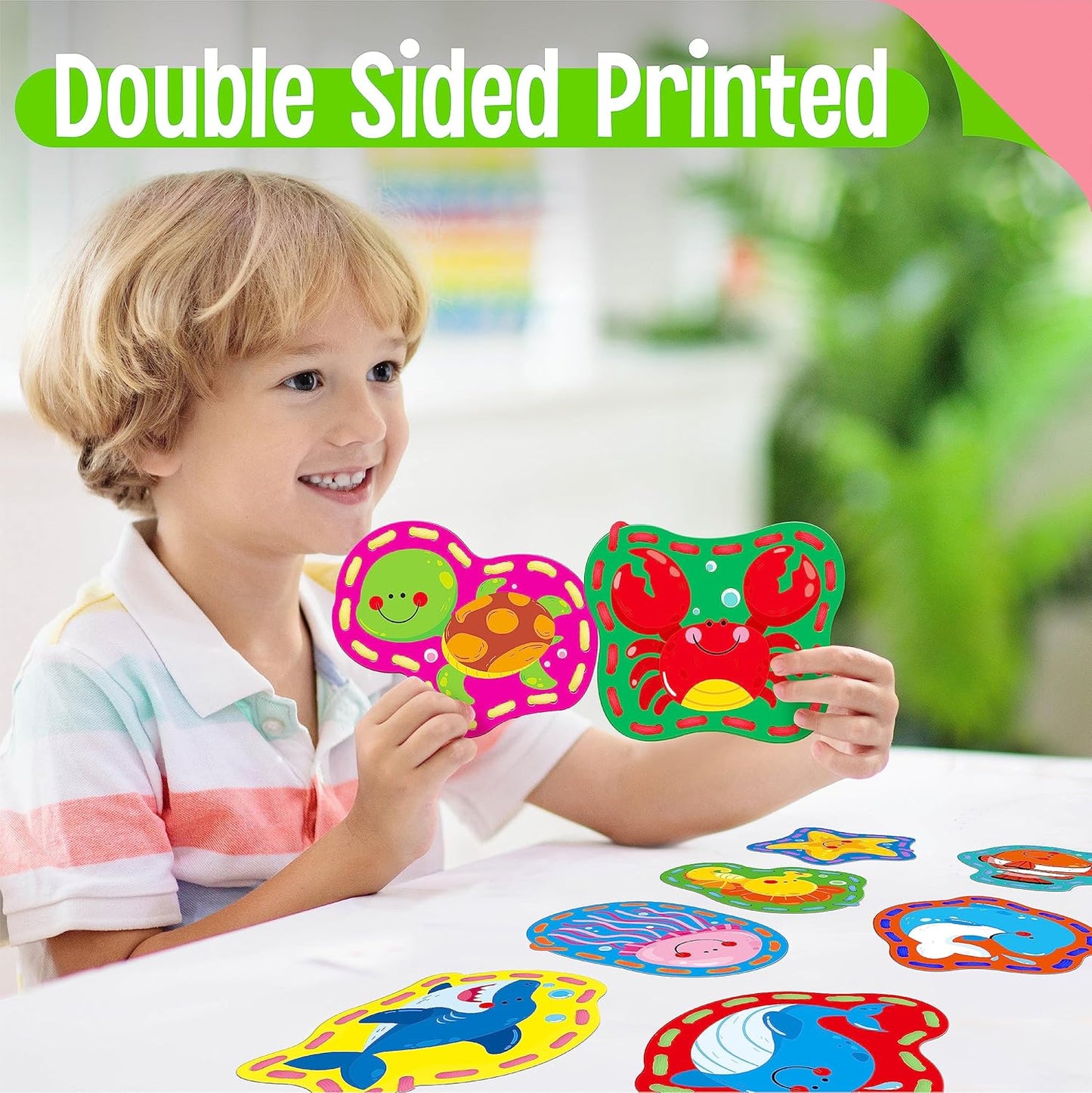 SpriteGru 9 Pieces Kids Lacing Cards, Double Sided Sewing Cards in 9 Vehicle Cards with 9 Colorful Laces, Imagination Development Lacing Toys Games for Children Educational and Learning Activity