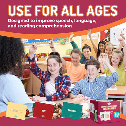 299 Vocabulary Builder Flash Cards, Educational Photo Cards for Home, Speech Therapy Materials, ESL Teaching Materials Includes Emotions, Matching Go Togethers, Nouns, Opposites, Prepositions, Verbs