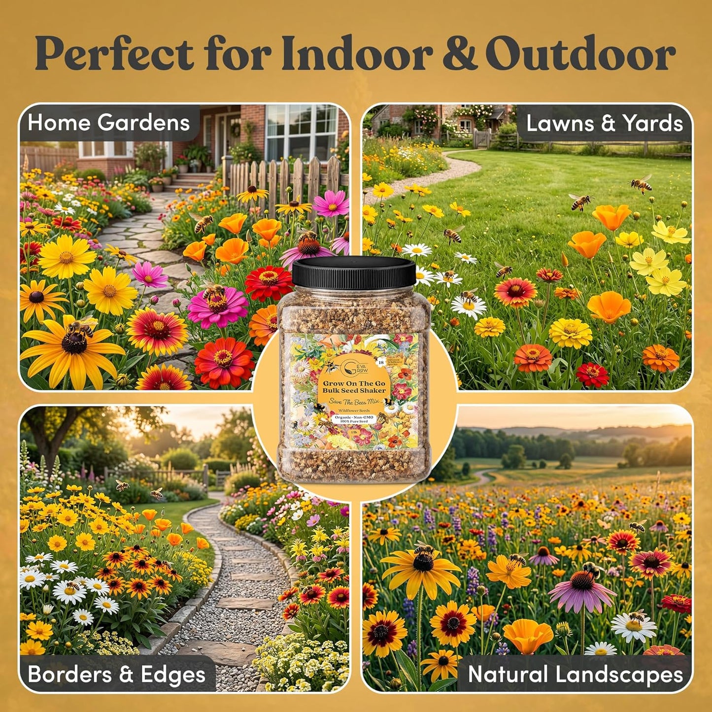 Mini Wildflower Seed Shaker - Save The Bees Seed Mix, by GevaGrow | 80,000+ Seeds | Pollinator & Bee Attracting Flower Seeds Bulk for Planting in Pots & Outdoor Gardens | 2 Ounce