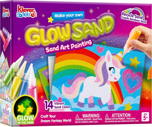 JOVA Klever Kits Glow Sand Art Kits for Kids, Glow in The Dark Sand Painting with 14 Colors, Kids Crafts, 6 Fantasy Templates & 4 DIY Sheets, Mess Free Arts and Crafts, Gifts for Girls Ages 5+