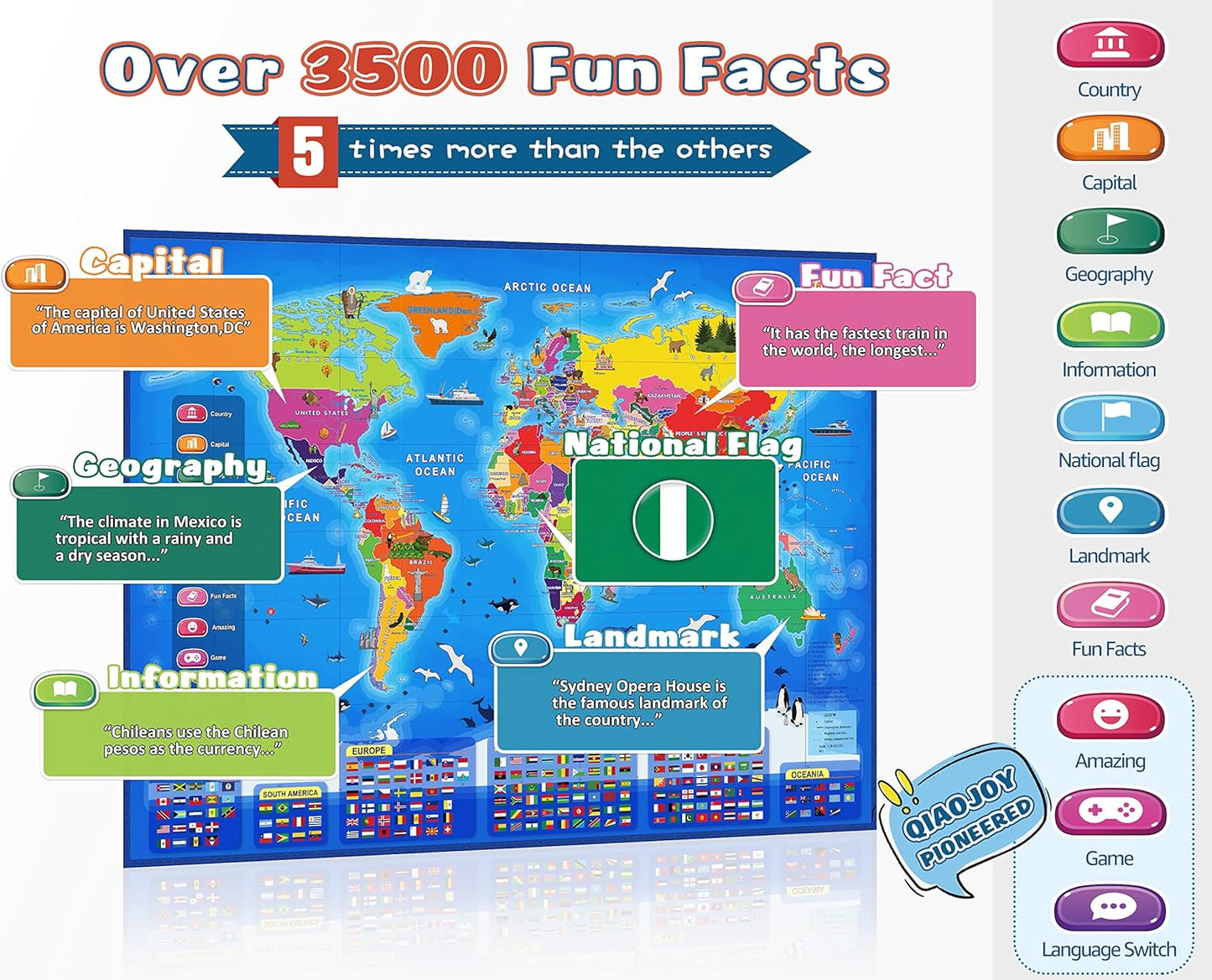 Qiaojoy Bilingual Interactive World Map for Kids Learning and Educational Toys, Talking Electronic Kids World Map i-Poster Geography Games Ages 3 to 12 Years Old, Custom Talking Birthday Gifts Card