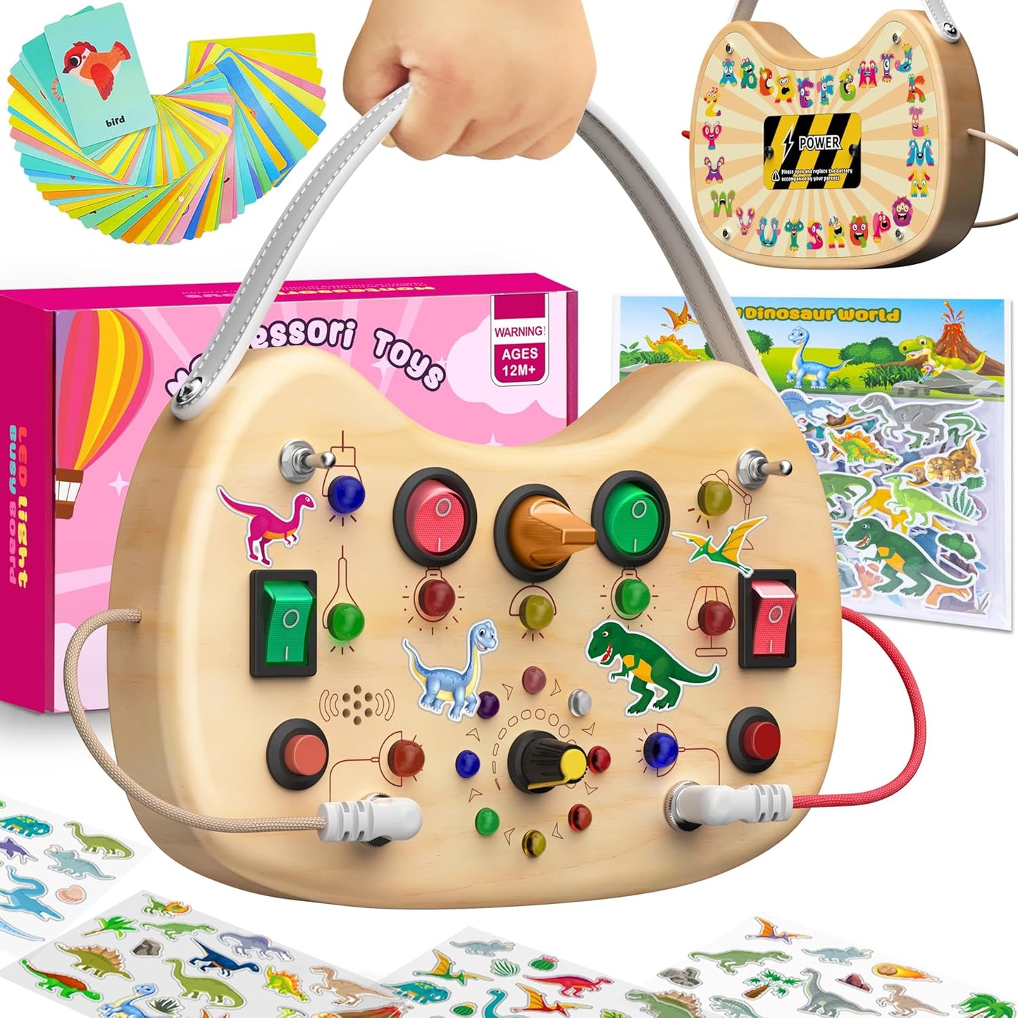 flycoost Busy Board with LED Light Switches,Toddlers Montessori Educational Toys for 1 2 3 Years Olds,Wooden Autism Activity Baby Busy Board,Sensory Travel Toys 1+ Year Old Boy&Girl Birthday Gift