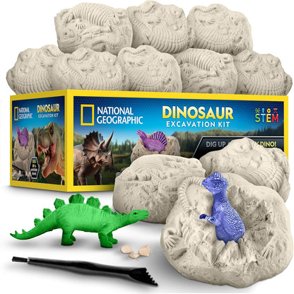 National Geographic Dinosaur Dig Kit - 12 Dino Shaped Dig Bricks with Dinosaur Figures Inside & Excavation Tool Sets, Egg Hunt or Dig Party Activity, Great STEM Toy for Boys & Girls