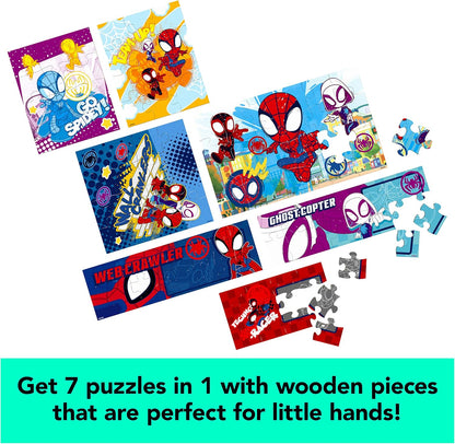 Spin Master Games, Disney Princess Puzzles, 7-Pack, Jigsaw Kids Puzzles, 12, 16, & 24 Pieces, Featuring Ariel, Tiana, Rapunzel, Pocahontas, Storage Tray, for Ages 4 & Up