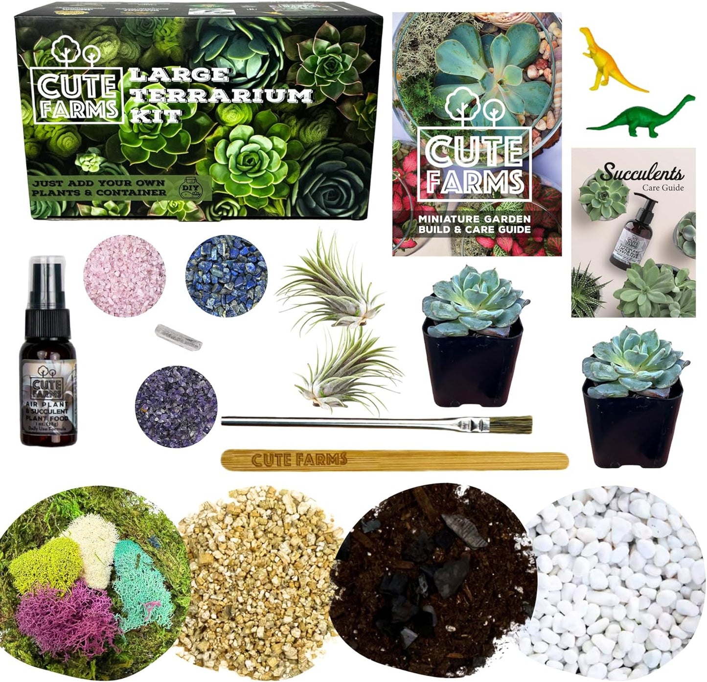 Cute Farms Terrarium Starter Kit | Moss, Vermiculite, Soil, Pebbles, Plant Food, & Finishing Tools (Large Kit + Crystals)