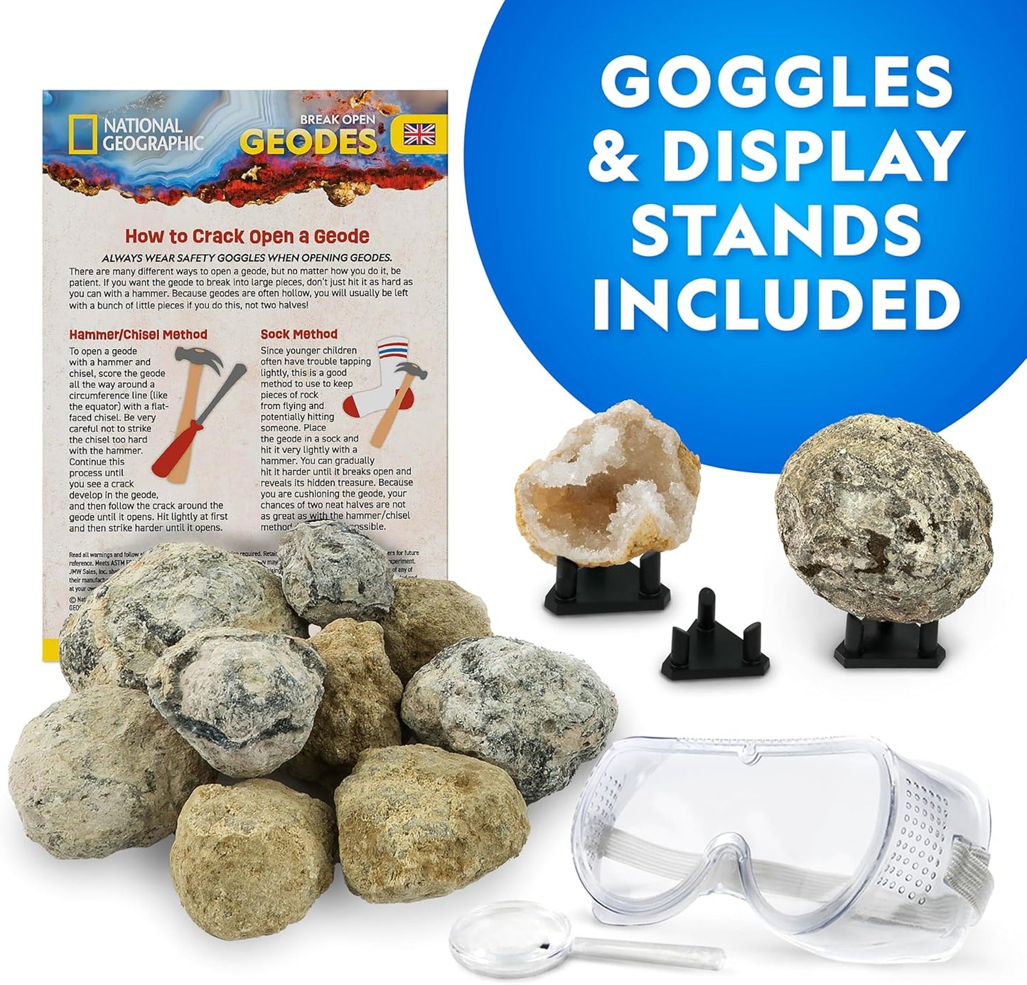 National Geographic Break Open 15 Premium Geodes Science Kit - Includes Goggles & 3 Display Stands - Great STEM Science Kit, Geology Gift for Kids, Break Your Own Geodes with Crystals
