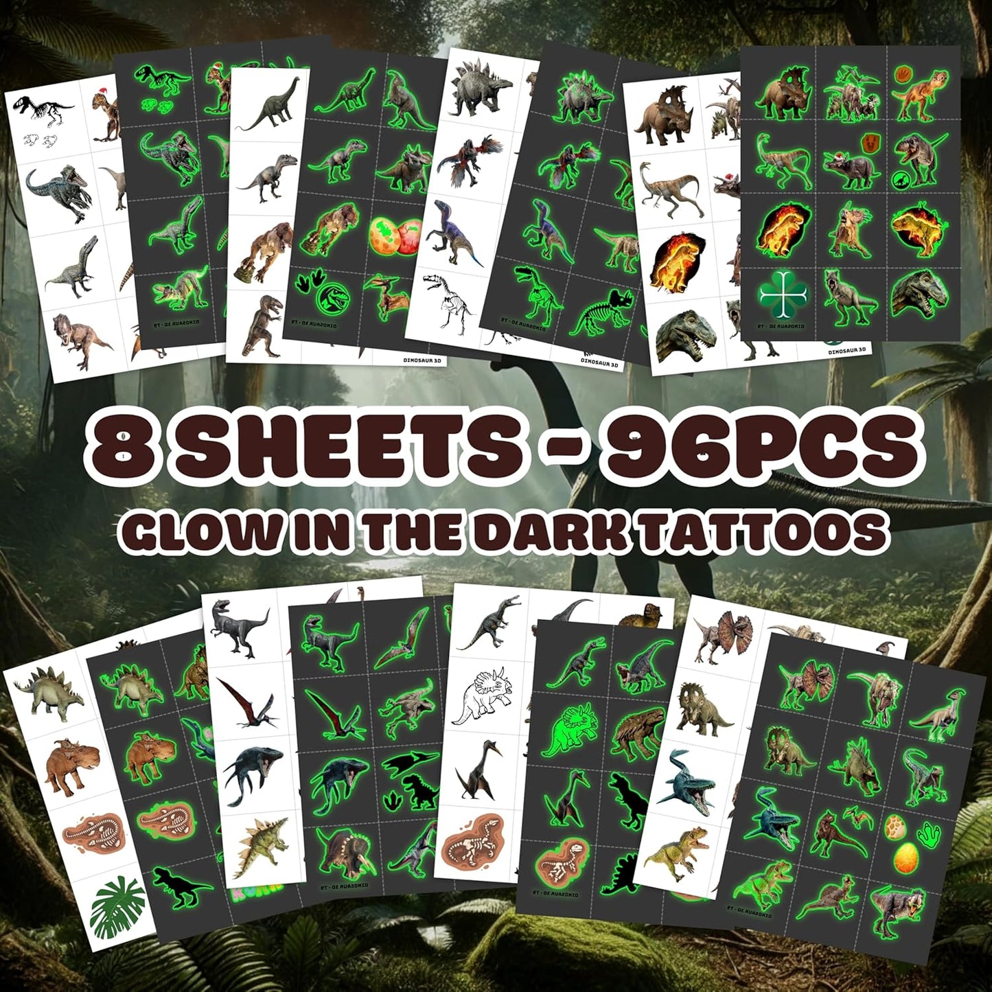 96PCS Dinosaur 3D Pre-Cut Temporary Tattoos - Stickers for Birthday Party Supplies, Decorations, and Favors - Super Cute Gifts for Kids, Boys & Girls, Classroom Prizes, and Themed (Normal)