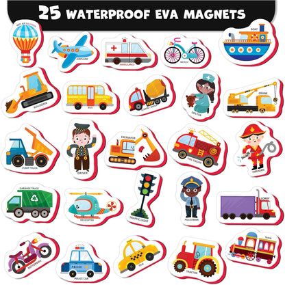 Little World Large Set of Safe and Durable Fridge Magnets for Toddlers 1-3 | Foam Refrigerator Magnets for Kids with Gift Box | Waterproof, Non-Toxic Cars & Vehicles Magnets for Children and Babies 1+