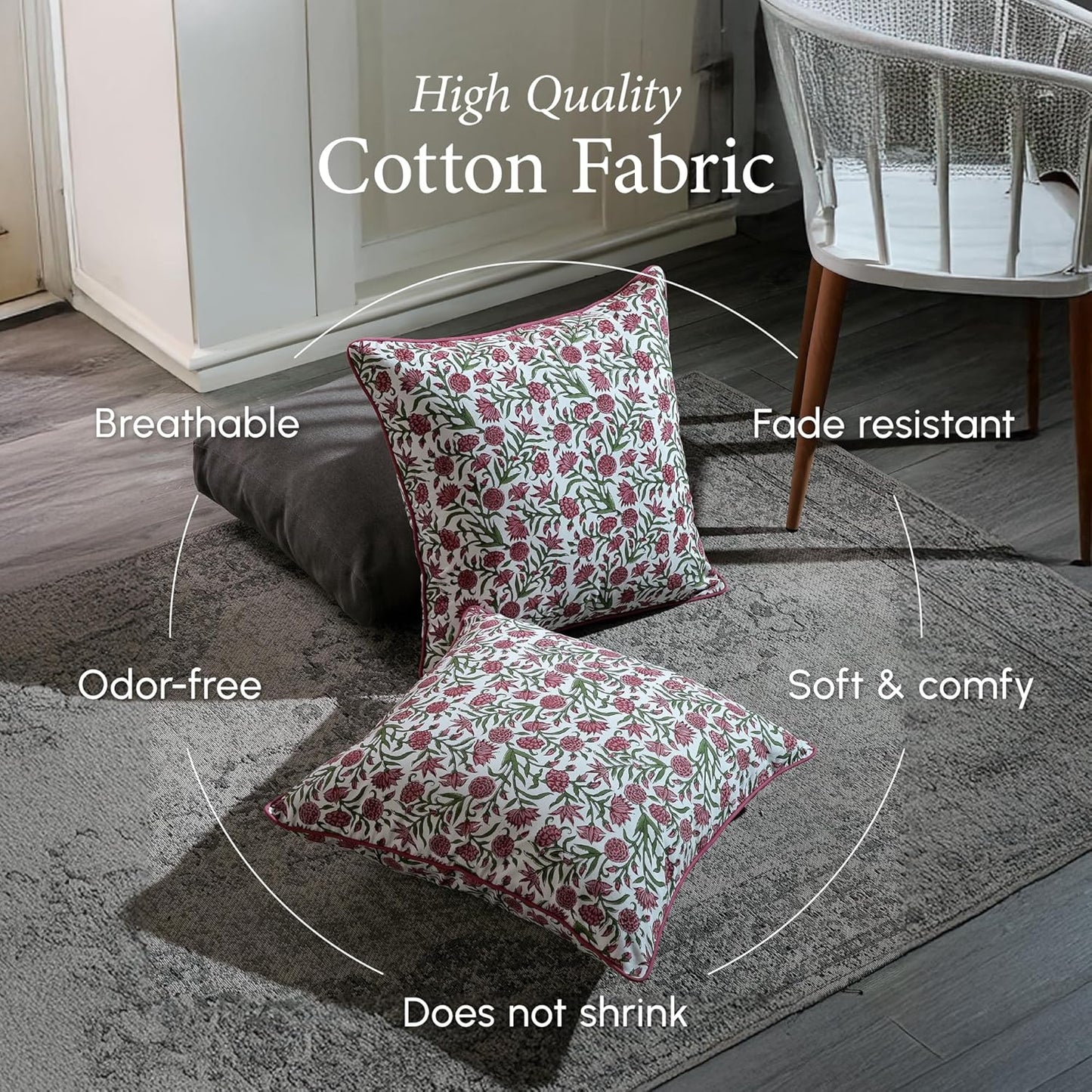 CPC 100% Cotton Throw Pillow Covers 18x18 Inch, Set of 2 Green Block Print Pattern Couch Pillow, Cute Boho Decorative Pillows for Living Room, Bedroom with Hidden Zipper- Agate Green