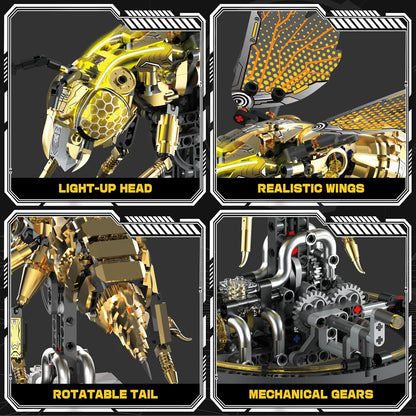Mechanical Bee Building Set for Adults, Technic Animal Building Block Insect Model with Lights & Moving Wings, Golden Robot Bee Collectible Toy Kit, Creative Display & Gift Idea, 832Pcs