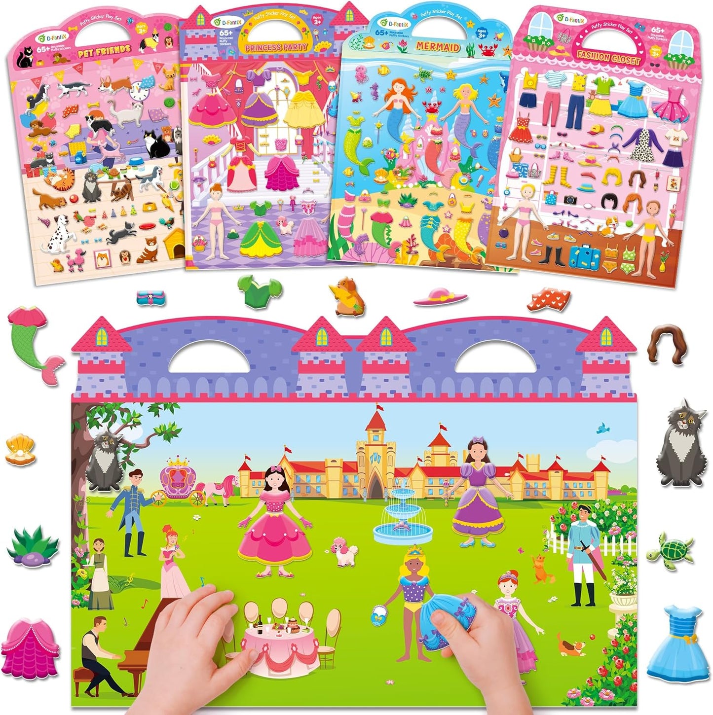 D-FantiX 3D Puffy Stickers for Toddlers 2-4 Years, Reusable Sticker Books for Girls Ages 4-8, Dress-Up, Princess, Mermaid, Pet, Car Road Trip Activities for Kids 3-5, Airplane Travel Essentials