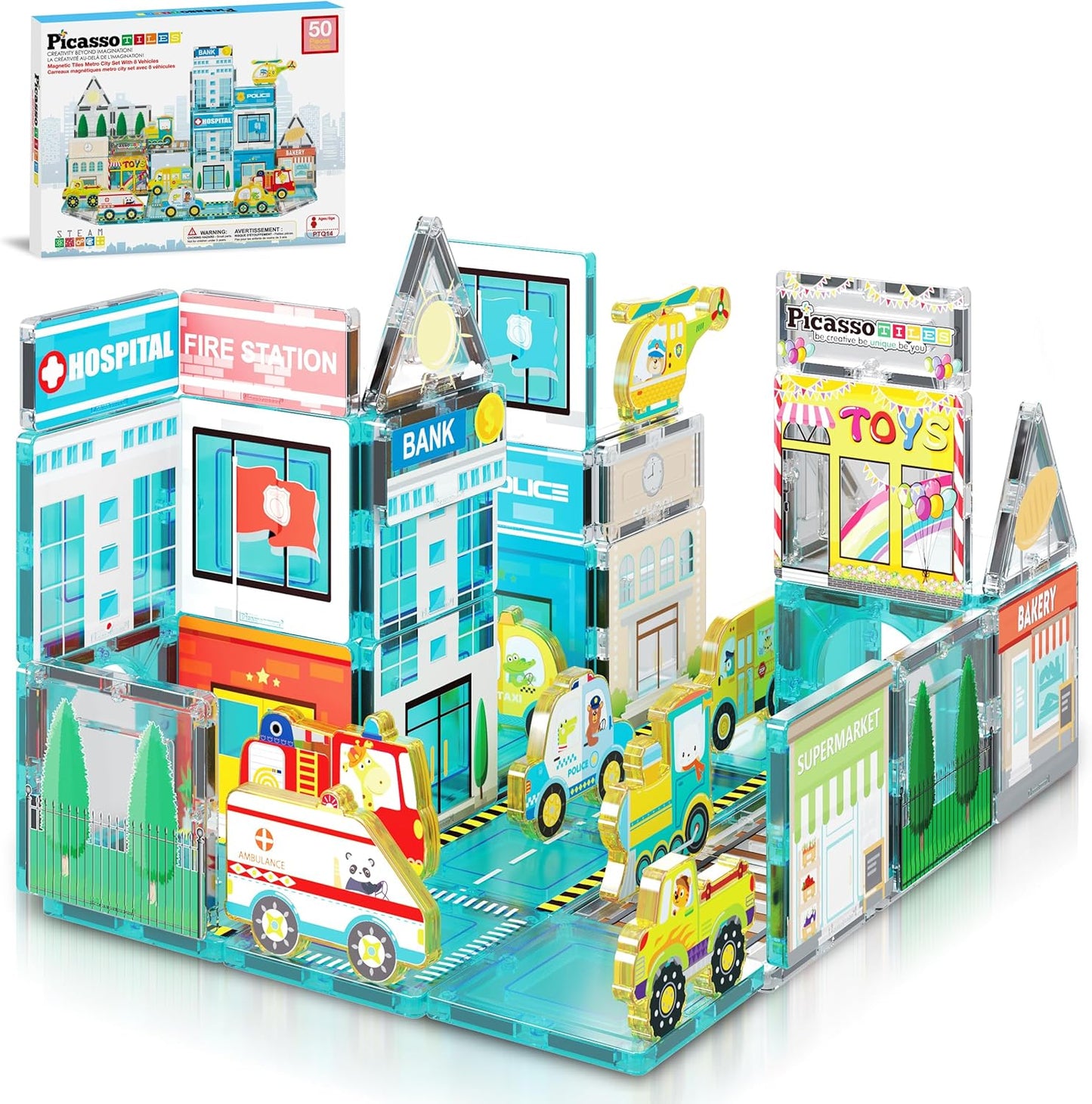 PicassoTiles Magnet Tiles Magnetic Building Blocks Aquarium Marine Animal Theme Set with 8 Character Action Figures Shark Crab Turtle STEM Toys Construction Preschool Toddlers Kids Boys Girls 3+ PTQ15