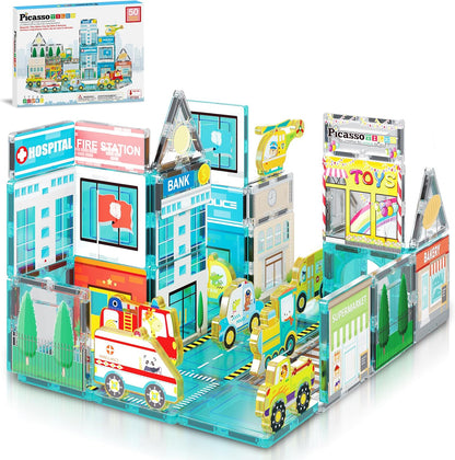 PicassoTiles Magnet Tiles Magnetic Building Blocks Aquarium Marine Animal Theme Set with 8 Character Action Figures Shark Crab Turtle STEM Toys Construction Preschool Toddlers Kids Boys Girls 3+ PTQ15