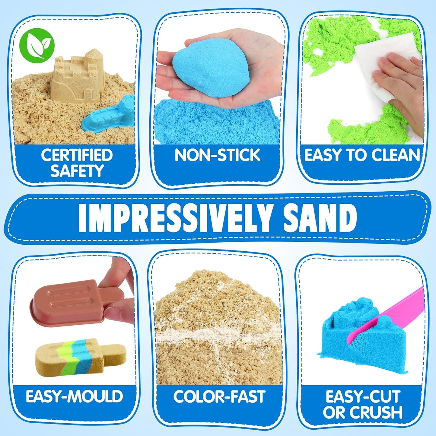 Billeeit 4.4 lbs Play Sand w/Storage Sand Box, 4-Pack(2 Yellow, 1 Blue, 1 Green) Sensory Bin Refill Sand for Shaping, Molding, Pressing, Scooping, Rolling, Self-Sticking Sand Sensory Toy for Kids 3+