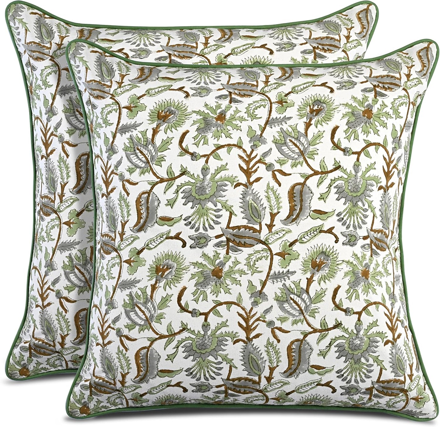 CPC 100% Cotton Throw Pillow Covers 18x18 Inch, Set of 2 Green Block Print Pattern Couch Pillow, Cute Boho Decorative Pillows for Living Room, Bedroom with Hidden Zipper- Agate Green