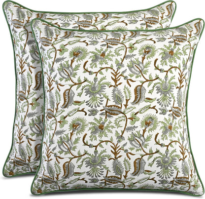 CPC 100% Cotton Throw Pillow Covers 18x18 Inch, Set of 2 Green Block Print Pattern Couch Pillow, Cute Boho Decorative Pillows for Living Room, Bedroom with Hidden Zipper- Agate Green
