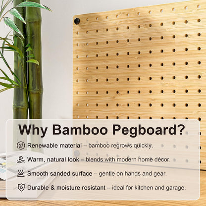 VOIMO Bamboo Pegboard Organizer Set, 6 Panels (16"x12") with 48 Hooks – Eco-Friendly Wall Mounted Storage Rack for Tools, Crafts & Office – Natural Bamboo Pegboard System with Accessories