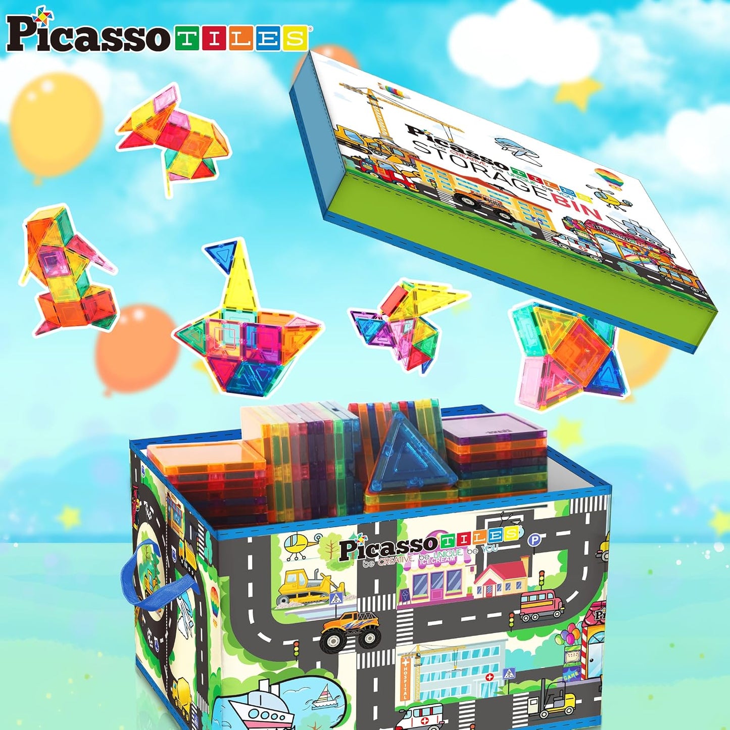 PicassoTiles Foldable Toy Storage Chest Box Forest Animal Theme Magnet Tile Organization Bin with Lid and Handles Magnetic Tiles Playroom Organizer STEM Early Educational Toys Boys Girls Ages 3+ PTA34
