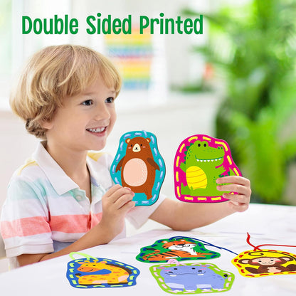 SpriteGru 9 Pieces Kids Lacing Cards, Double Sided Sewing Cards in 9 Vehicle Cards with 9 Colorful Laces, Imagination Development Lacing Toys Games for Children Educational and Learning Activity
