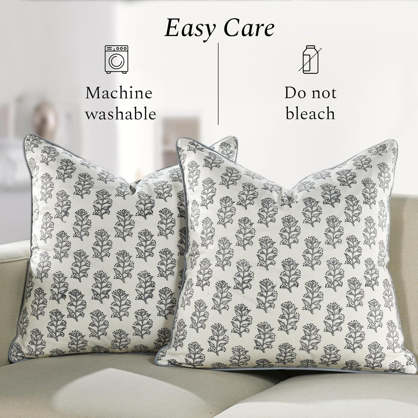CPC 100% Cotton Throw Pillow Covers 18x18 Inch, Set of 2 Green Block Print Pattern Couch Pillow, Cute Boho Decorative Pillows for Living Room, Bedroom with Hidden Zipper- Agate Green